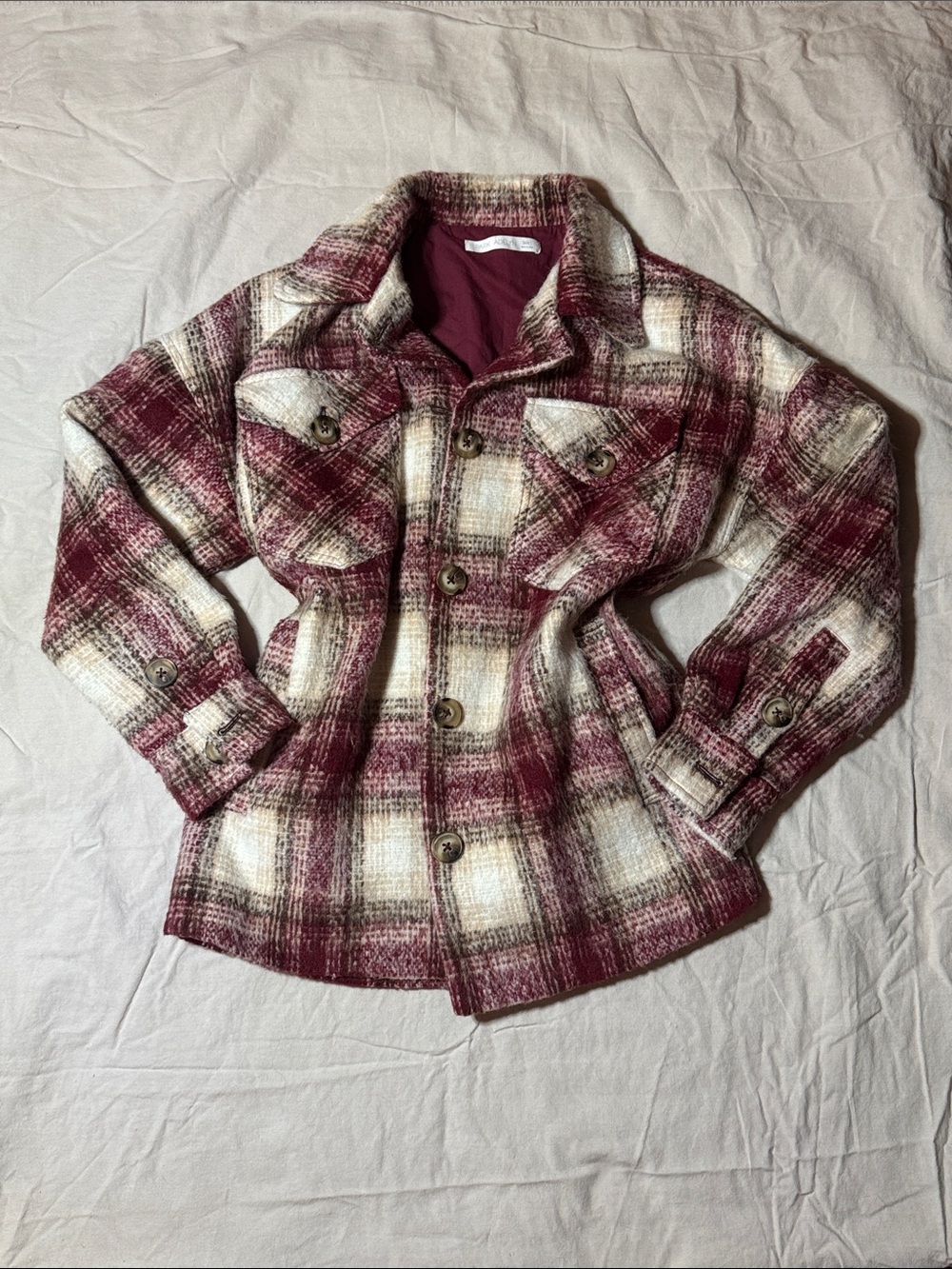 Burgundy and Cream Plaid Button-Up Jacket